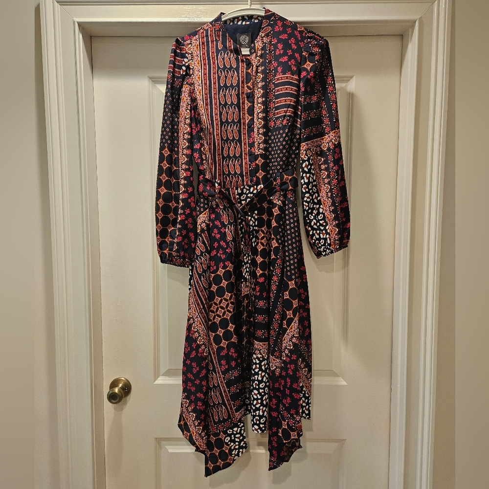 Vince Camuto Black Multicolor Long Sleeve Printed Tie-Waist Dress